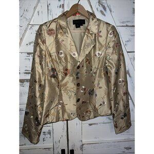 Nina McLemore 100% Silk Floral Print Jacket Pockets Embroidered Women’s Sz 6